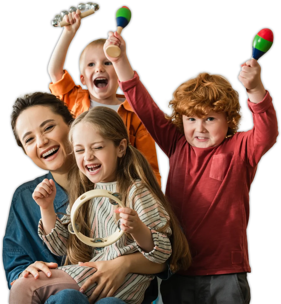 kids playing musical instruments with teacher